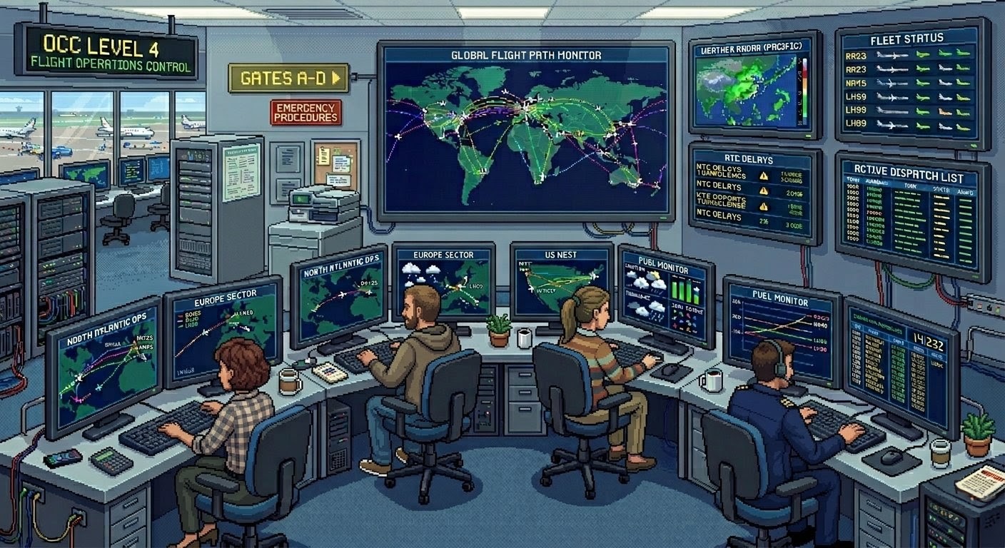 Operations control centre with dispatchers monitoring flights